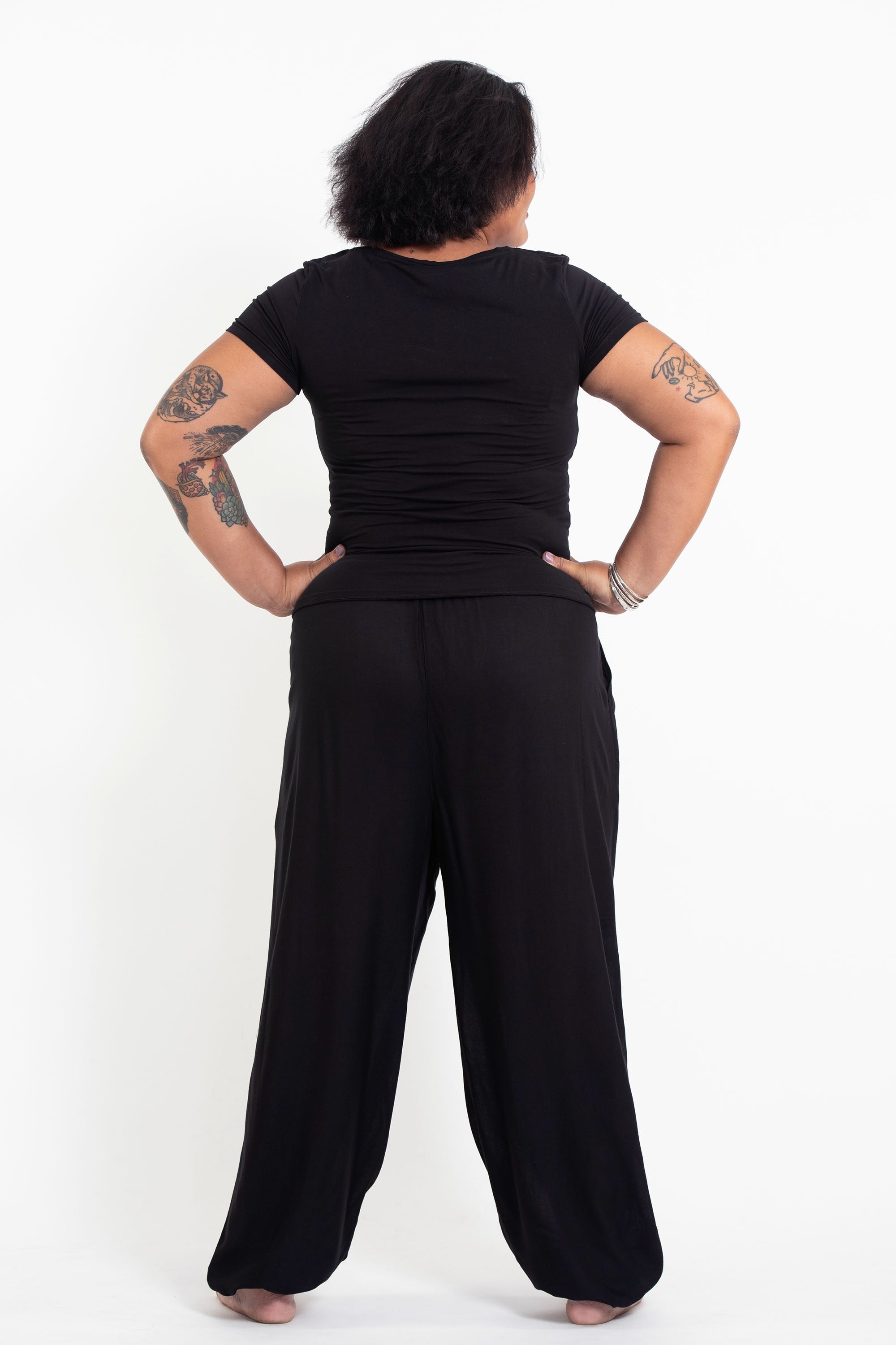 Plus Size Solid Color Drawstring Women's Yoga Massage Pants in Black