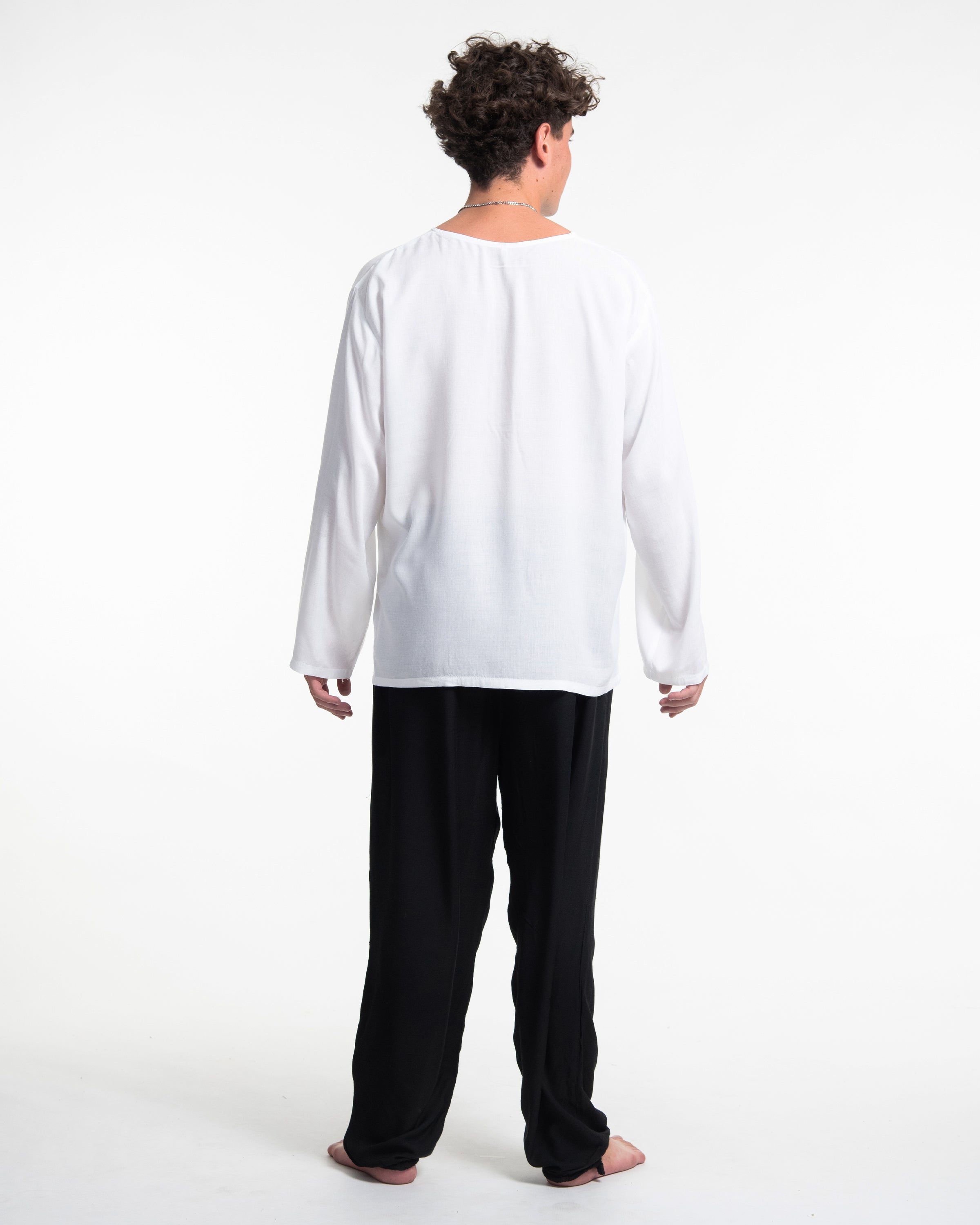 Mens Yoga Shirts No Collar with Coconut Buttons in White