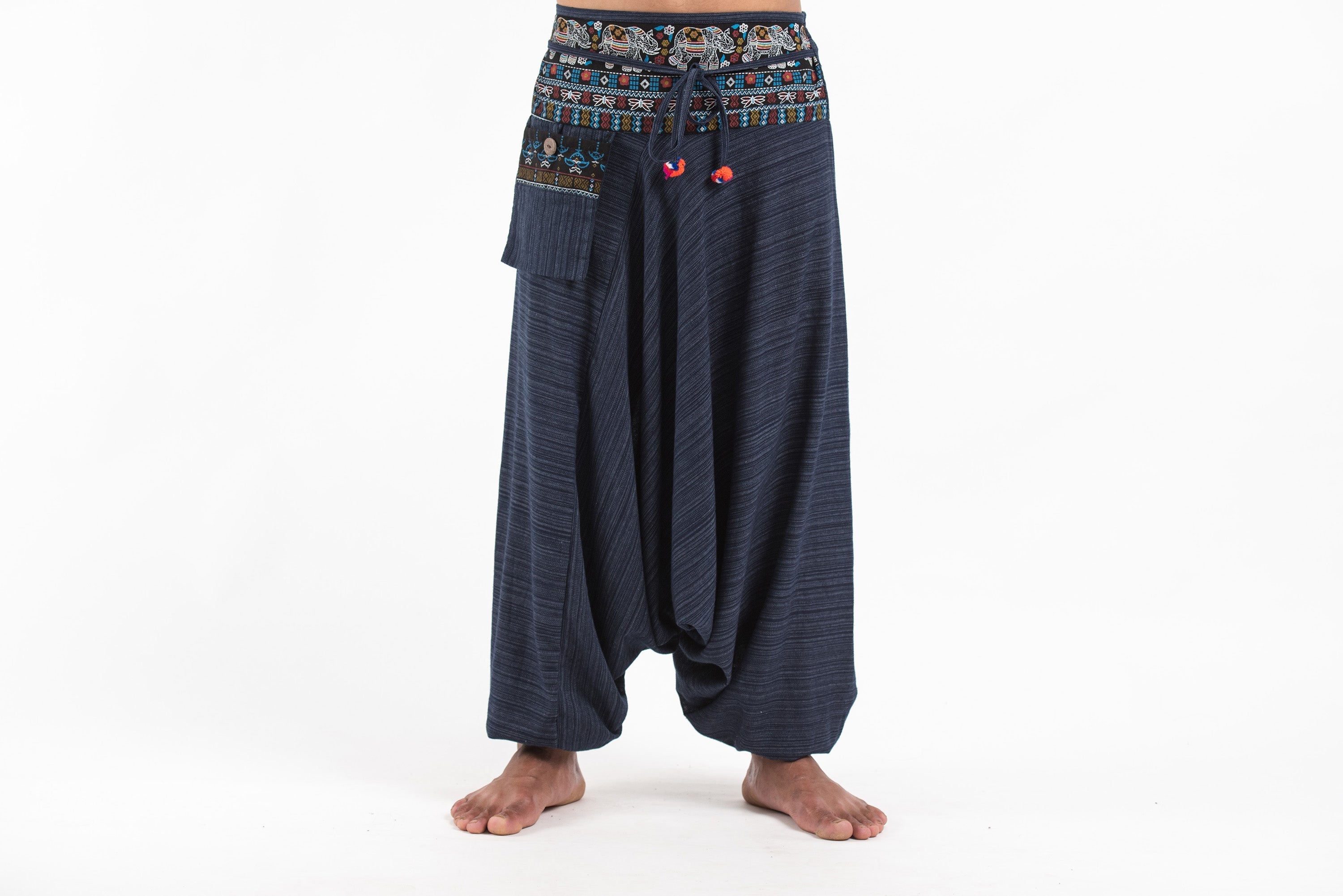 Pinstripe Cotton Low Cut Men's Harem Pants with Elephant Trim in Navy