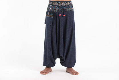 Pinstripe Cotton Low Cut Men's Harem Pants with Elephant Trim in Navy