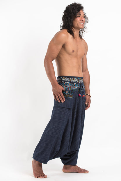 Pinstripe Cotton Low Cut Men's Harem Pants with Elephant Trim in Navy
