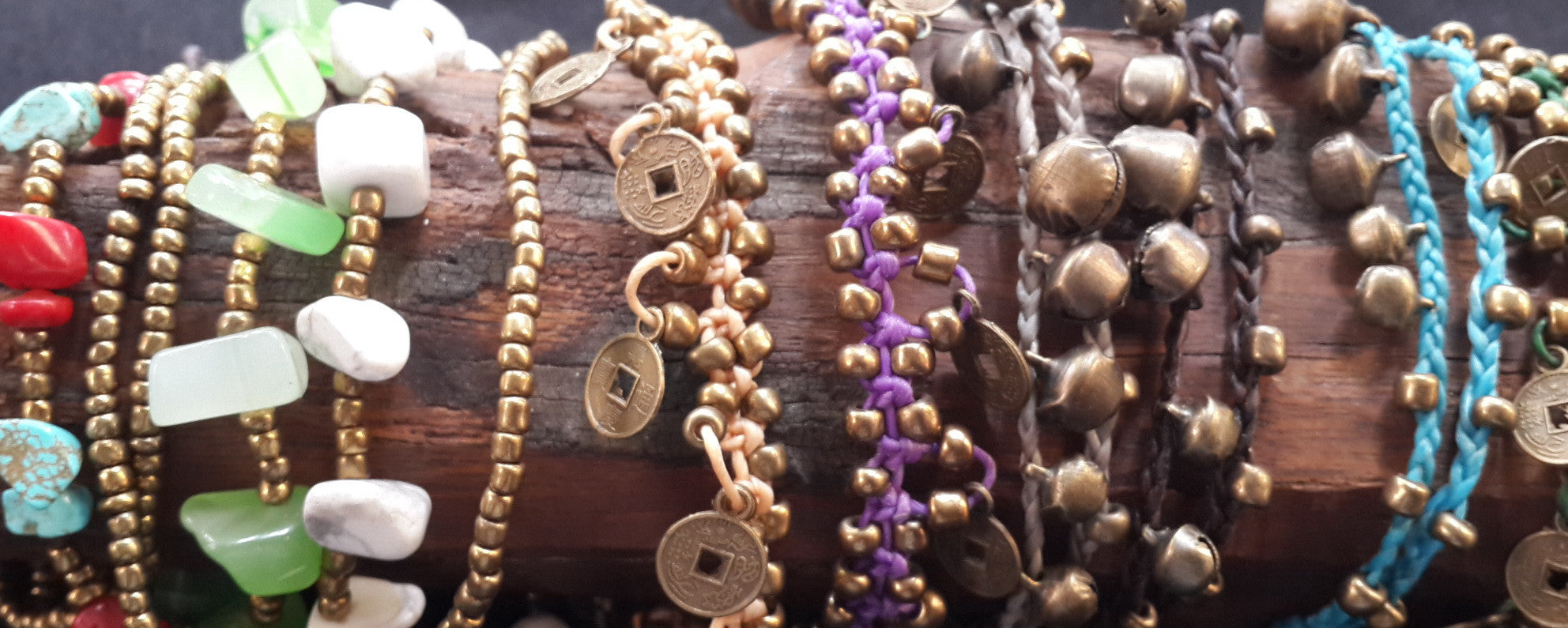 Brass Bell And Blue Bead Double Strand Bracelets