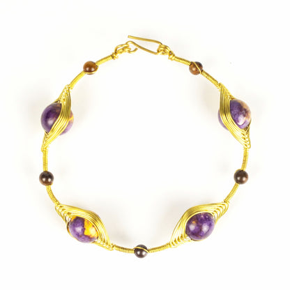 Wired Brass Bracelet with Purple Marble Beads