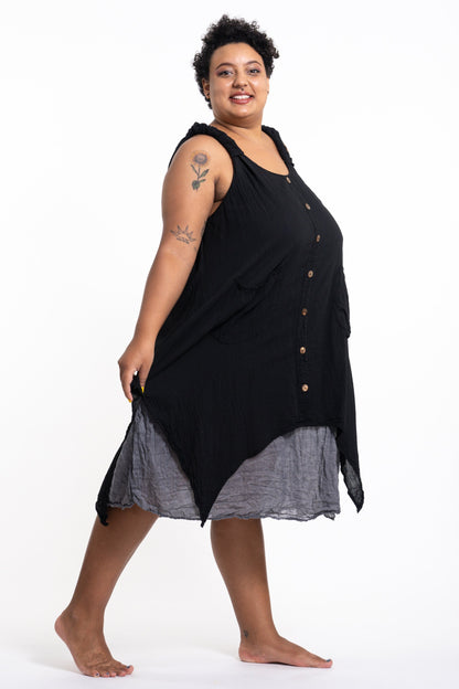 Plus Size Women's Crinkled Hill Tribe Cotton Tank Dress in Black