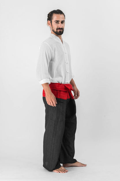 Unisex 2-Tone Pinstripes Thai Fisherman Pants in Black Red