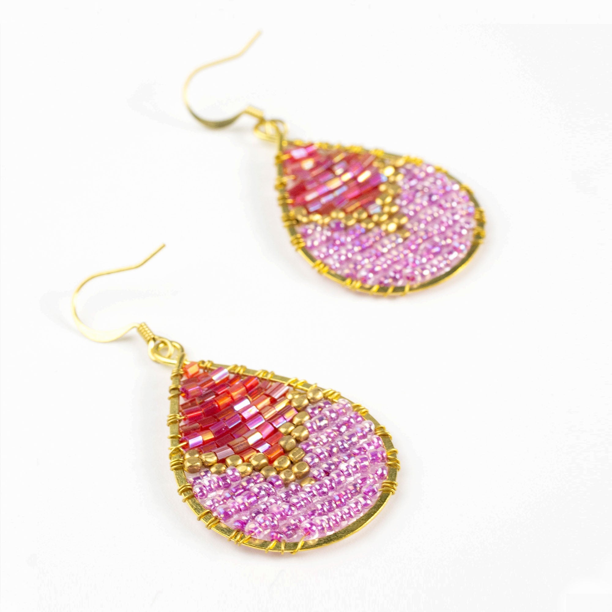 Oval Purple Beads Brass Earrings