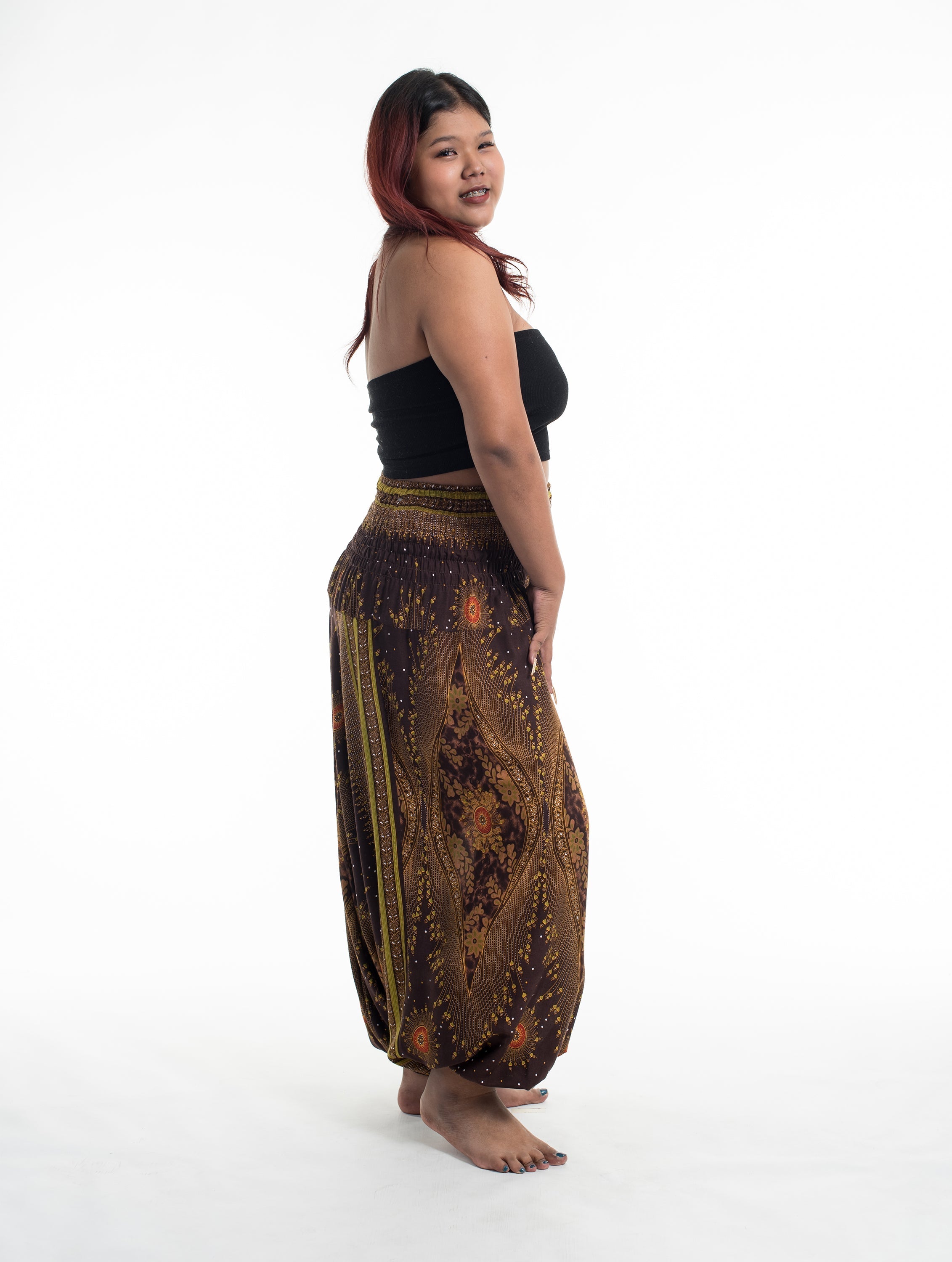 Plus Size Peacock Eyes 2-in-1 Jumpsuit Harem Pants in Brown