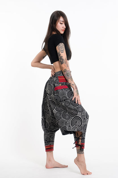 Swirls Prints Thai Hill Tribe Fabric Women's Harem Pants with Ankle Straps in Black