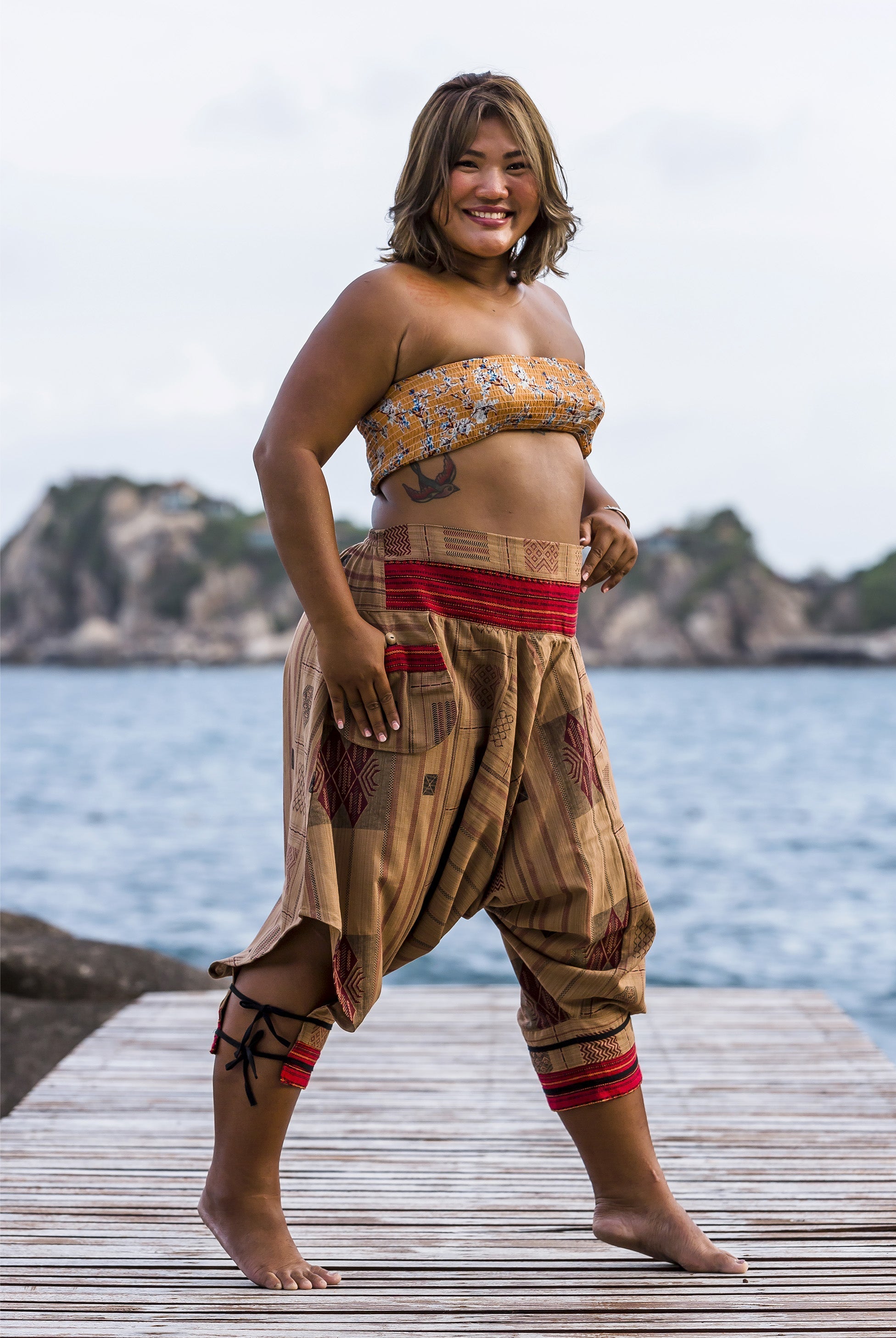 Plus Size Thai Hill Tribe Fabric Women Harem Pants with Ankle Straps in Beige