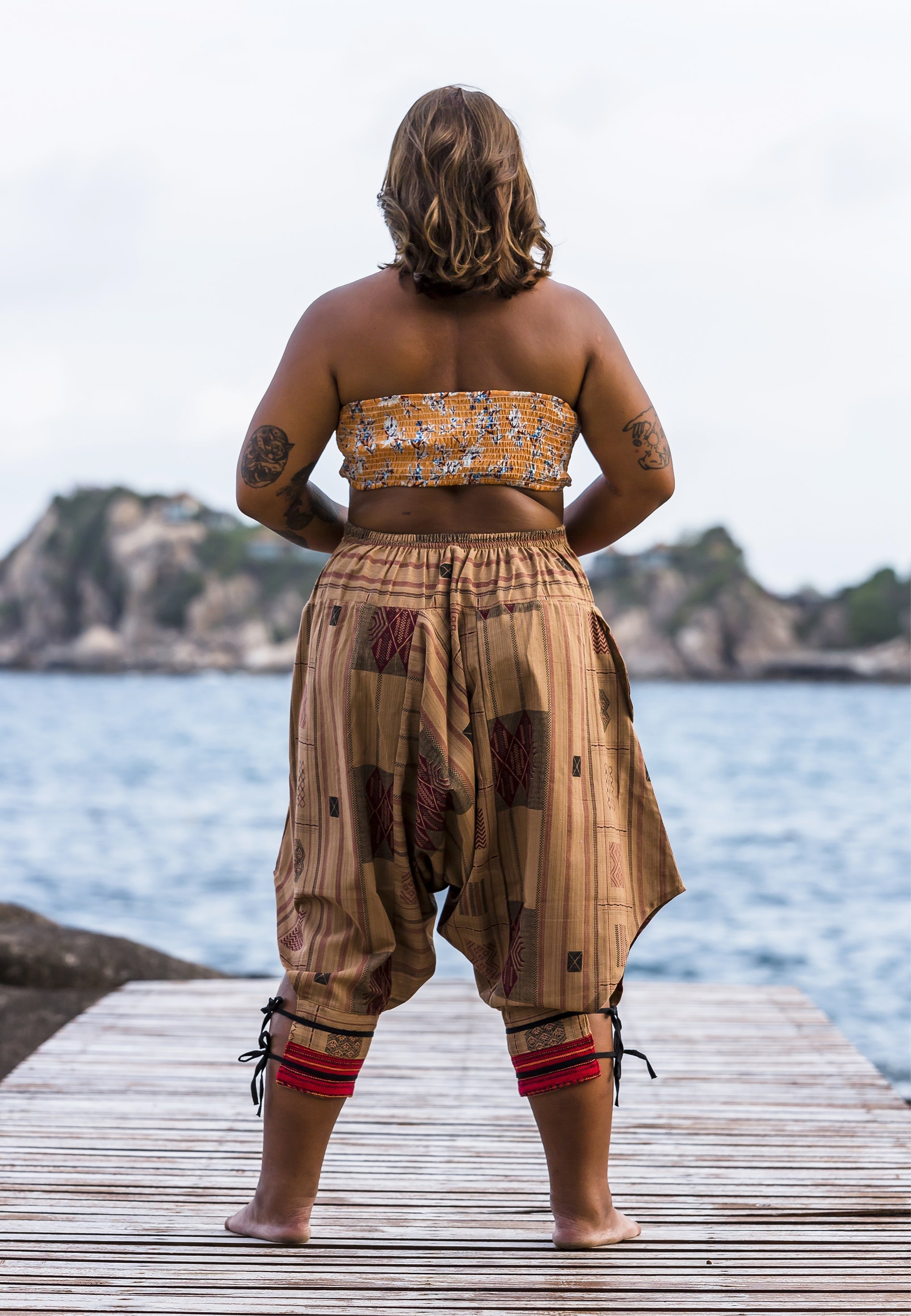 Plus Size Thai Hill Tribe Fabric Women Harem Pants with Ankle Straps in Beige