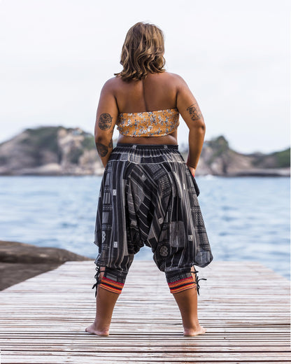 Plus Size Thai Hill Tribe Fabric Women Harem Pants with Ankle Straps in Black