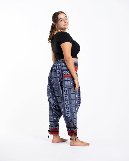 Plus Size Traditional Prints Thai Hill Tribe Fabric Women's Harem Pants with Ankle Straps in Blue