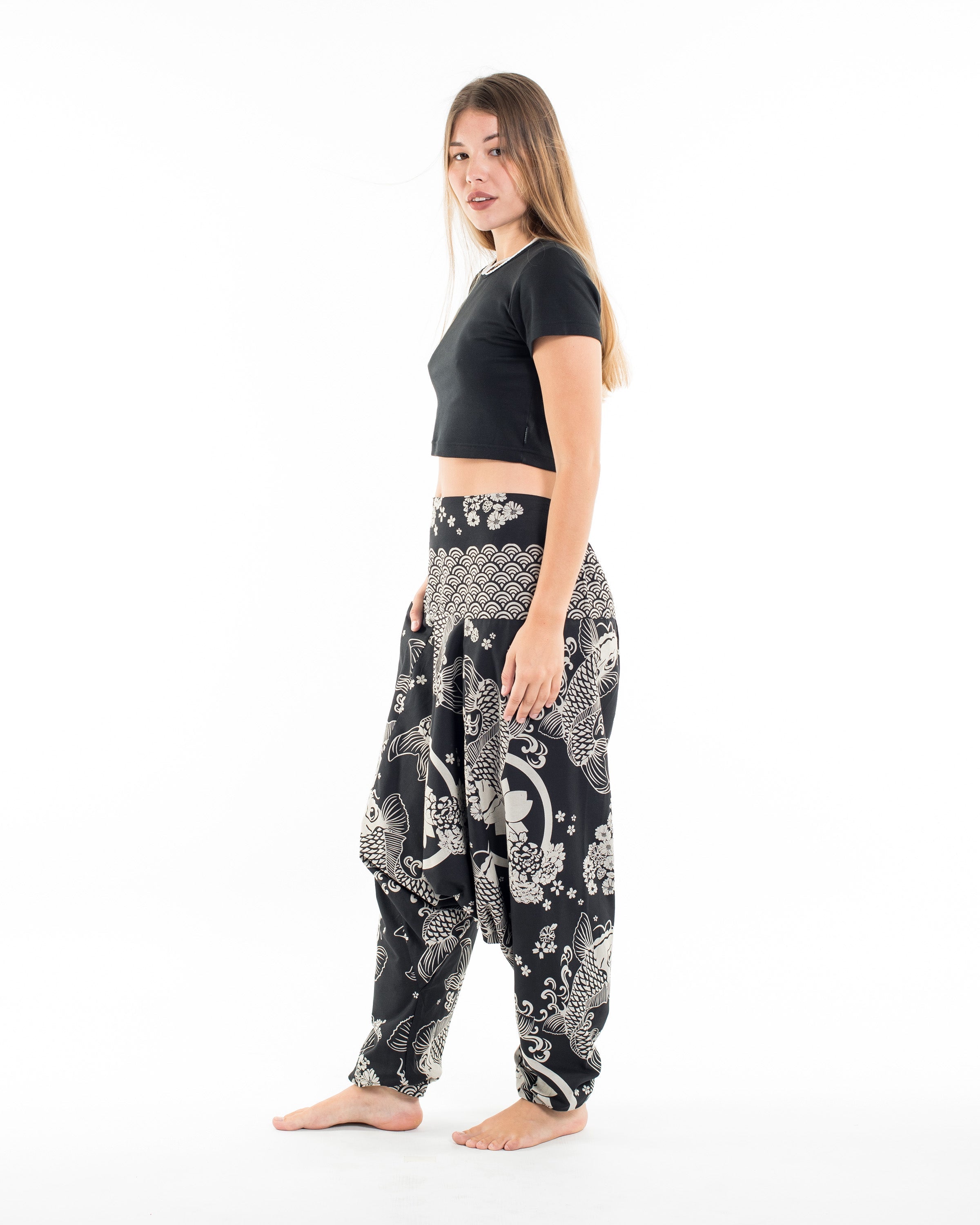Hill Tribe Koi Fish Print Women's Harem Pants in Black