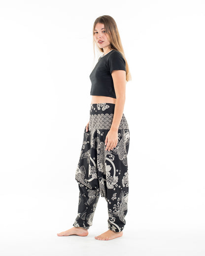 Hill Tribe Koi Fish Print Women's Harem Pants in Black