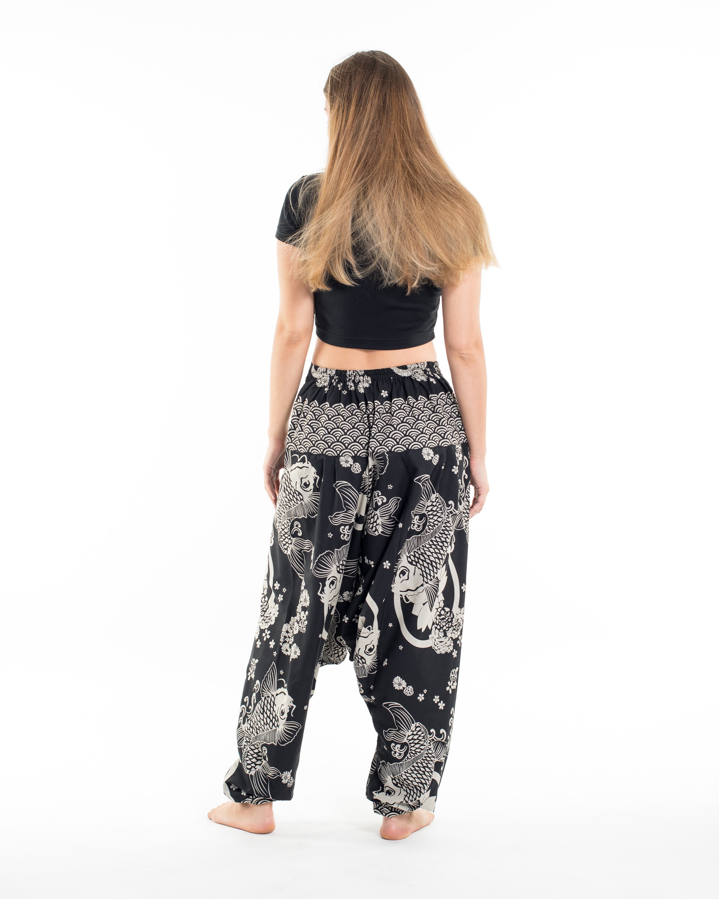 Hill Tribe Koi Fish Print Women's Harem Pants in Black