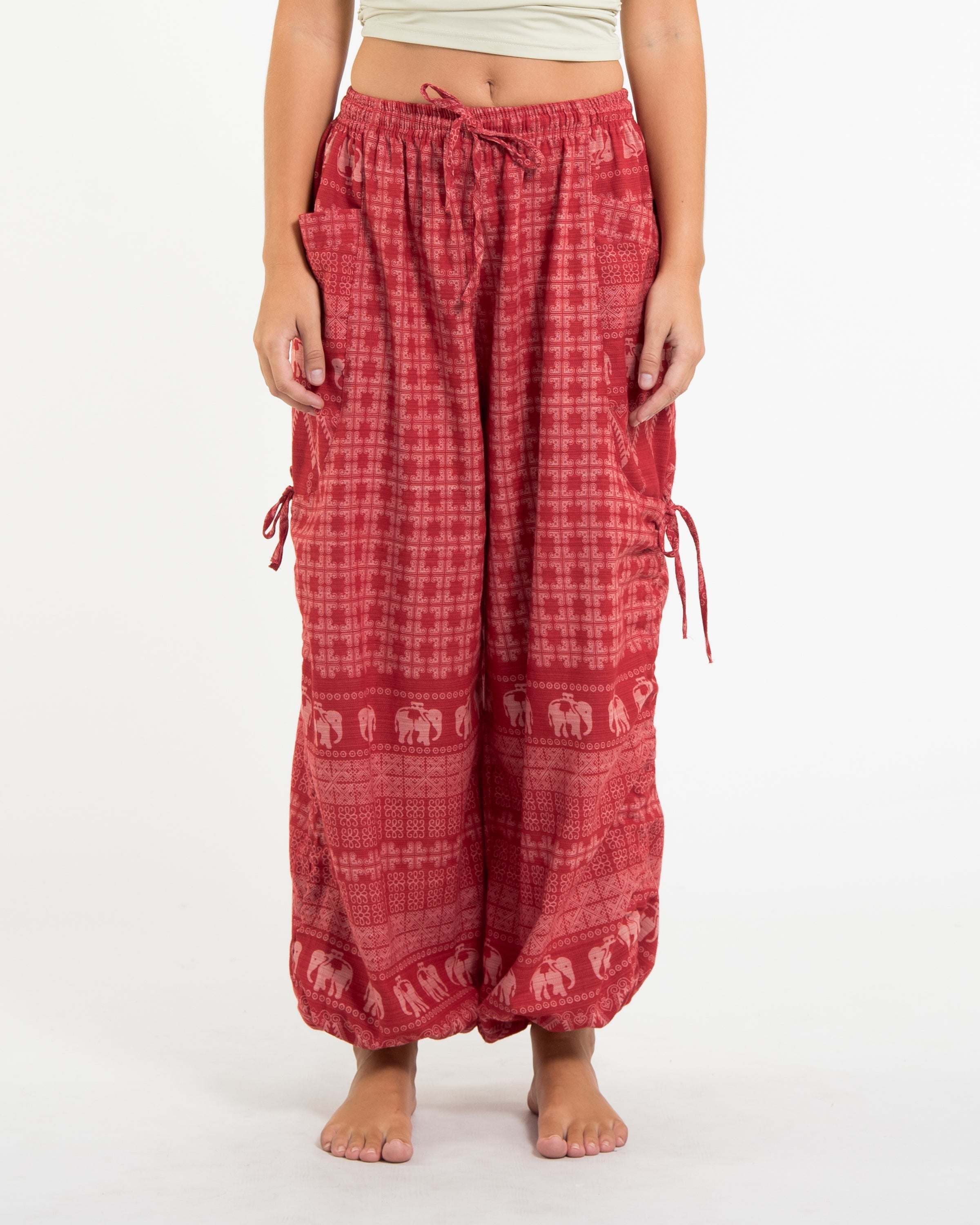 Women's Hill Tribe Cotton Elephant Pants in Red