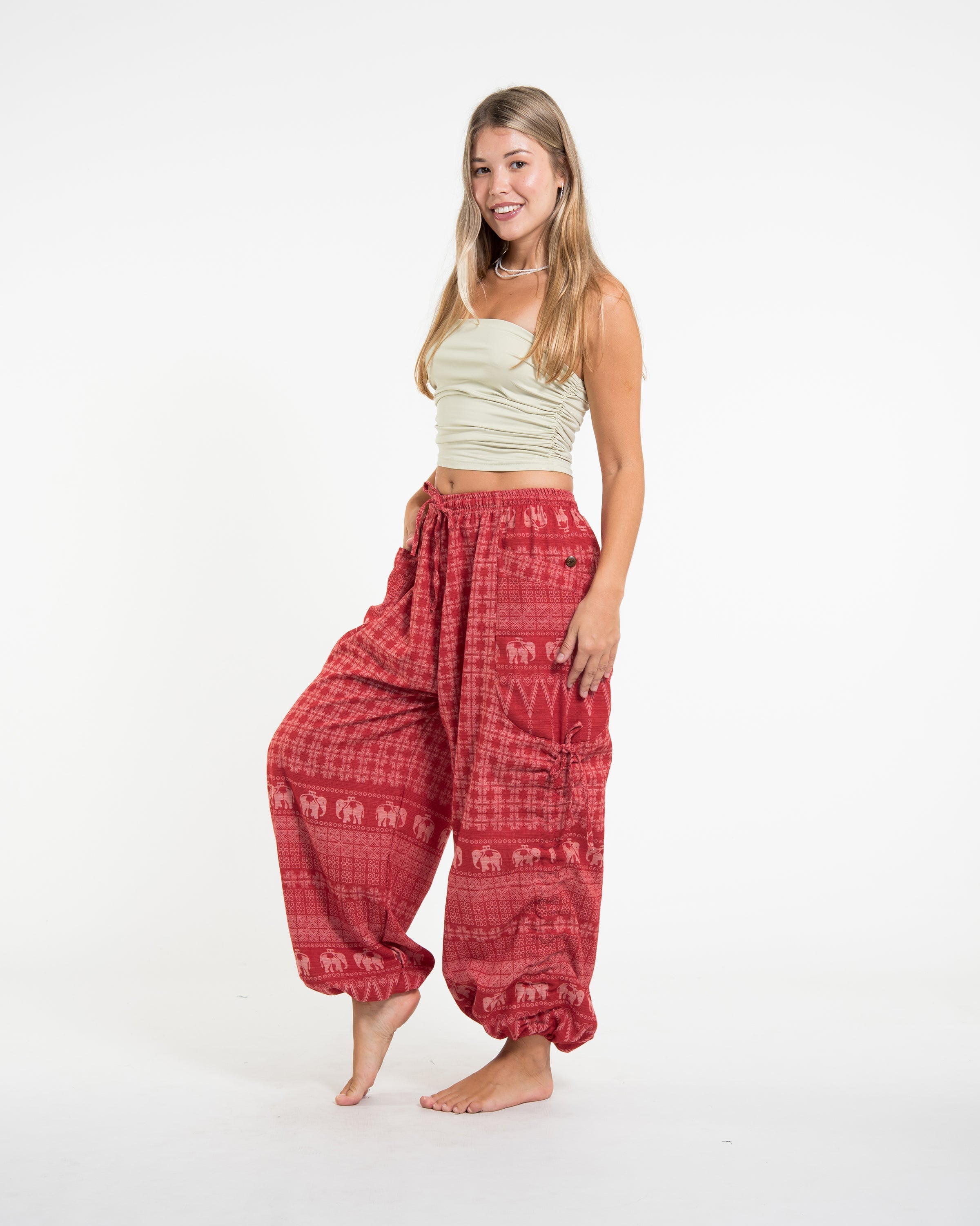 Women's Hill Tribe Cotton Elephant Pants in Red
