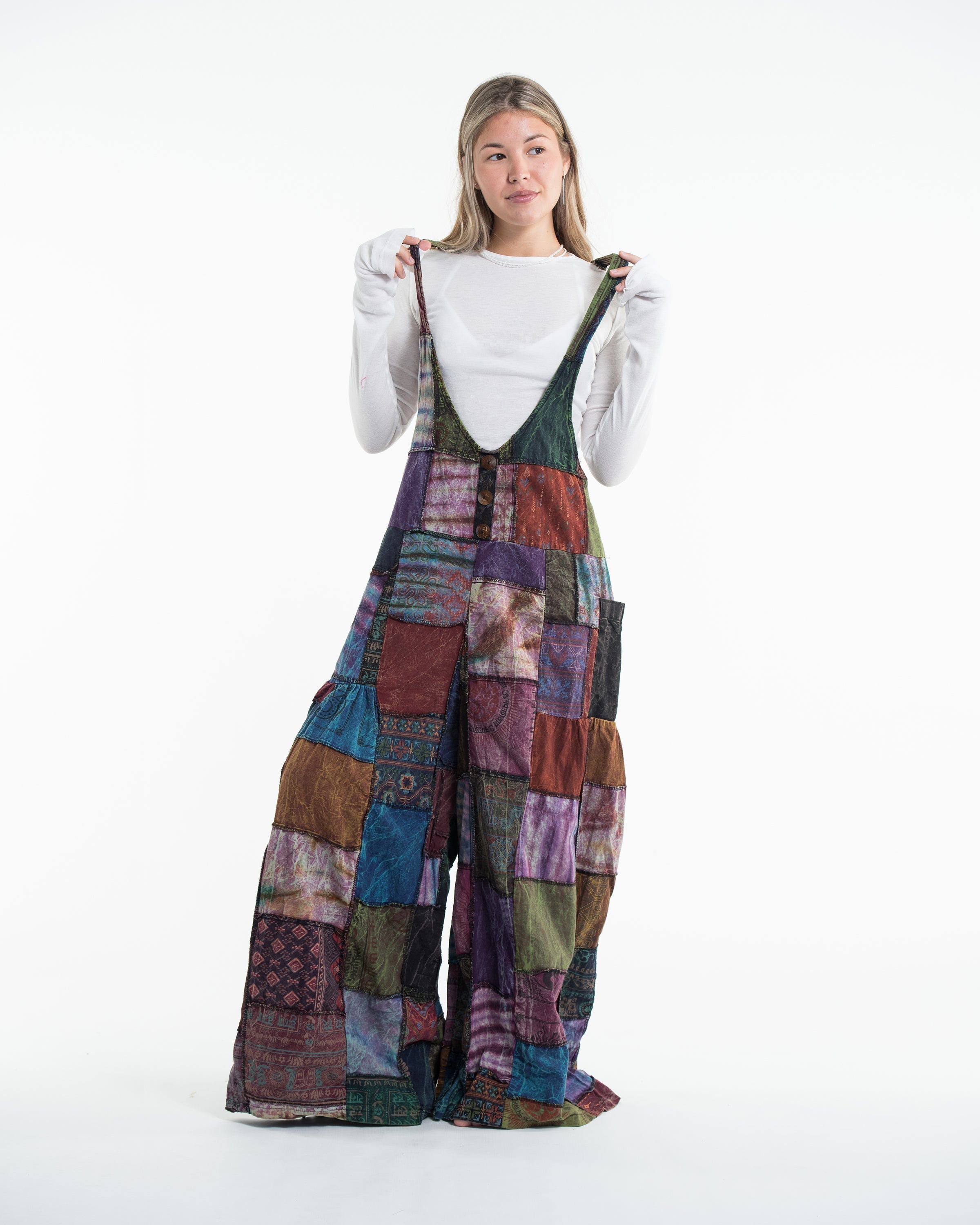 Baggy Style Patchwork Stonewash Overall in Multi Black