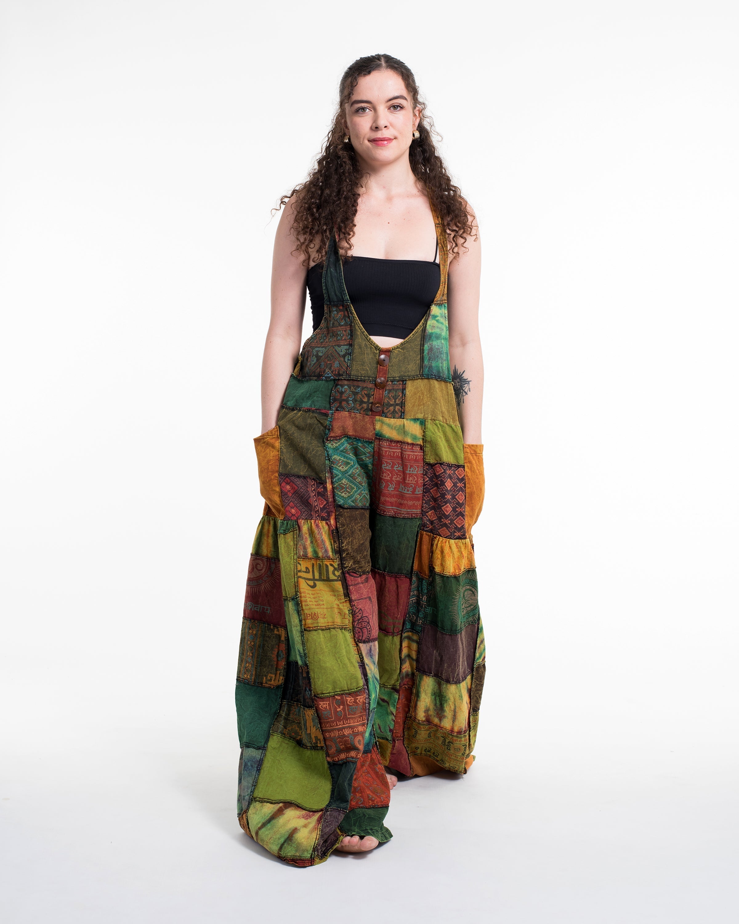 Baggy Style Patchwork Stonewash Overall in Multi Orange