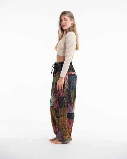 Women's Patchwork Stone Washed Balloon Cotton Pants in Black