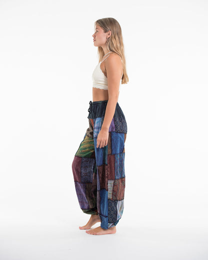 Women's Patchwork Stone Washed Balloon Cotton Pants in Blue