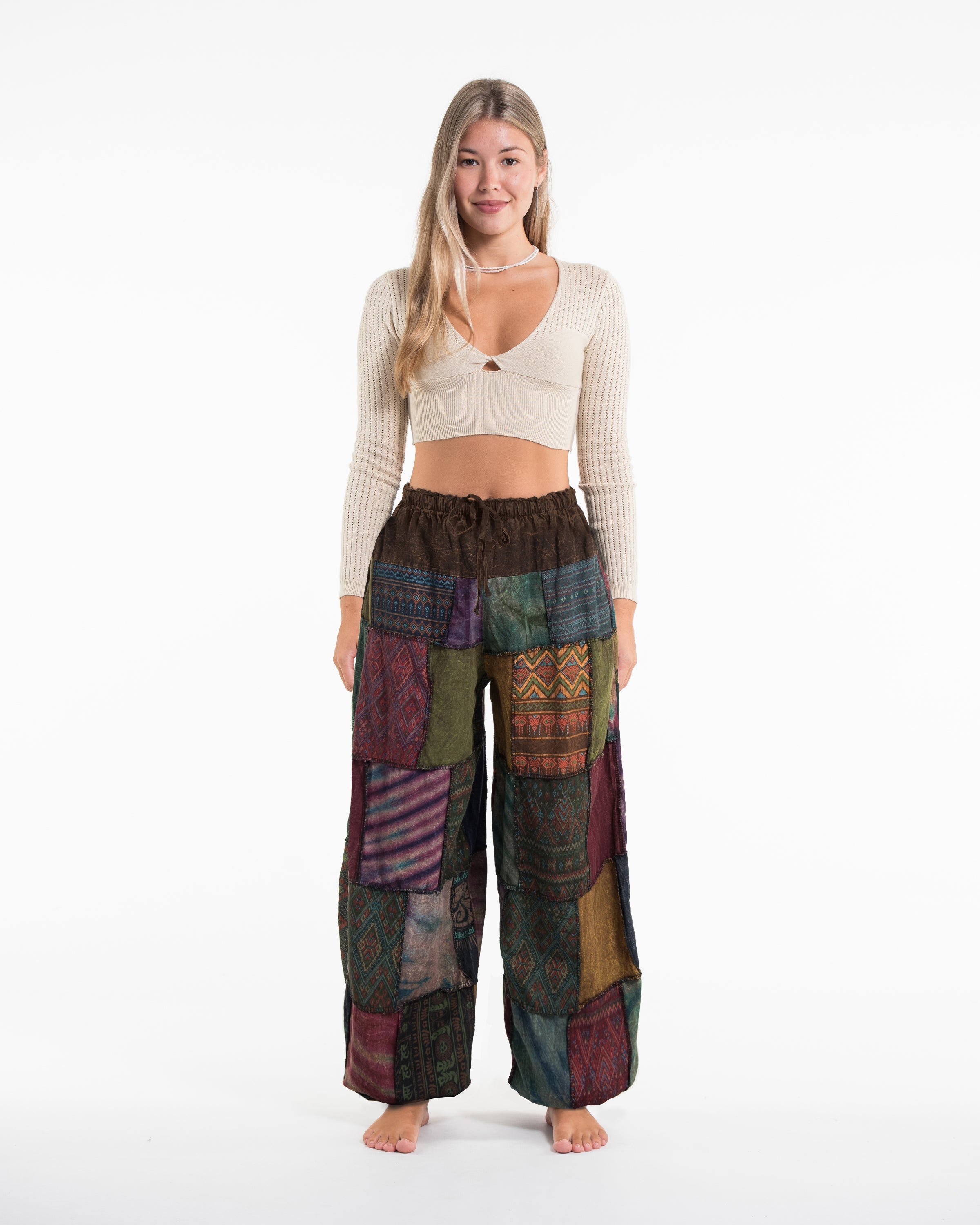 Women's Patchwork Stone Washed Balloon Cotton Pants in Brown