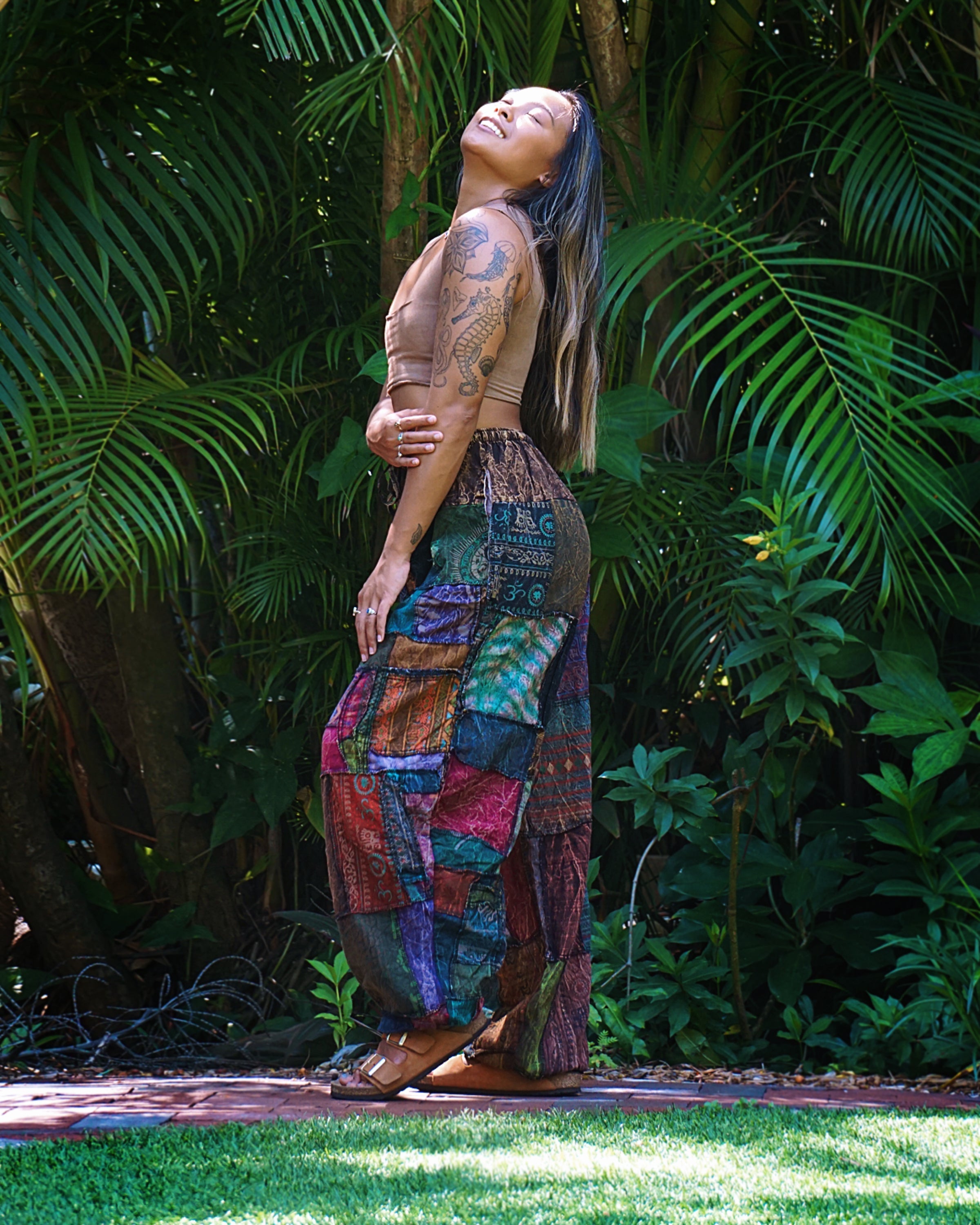 Women's Patchwork Stone Washed Balloon Cotton Pants in Brown