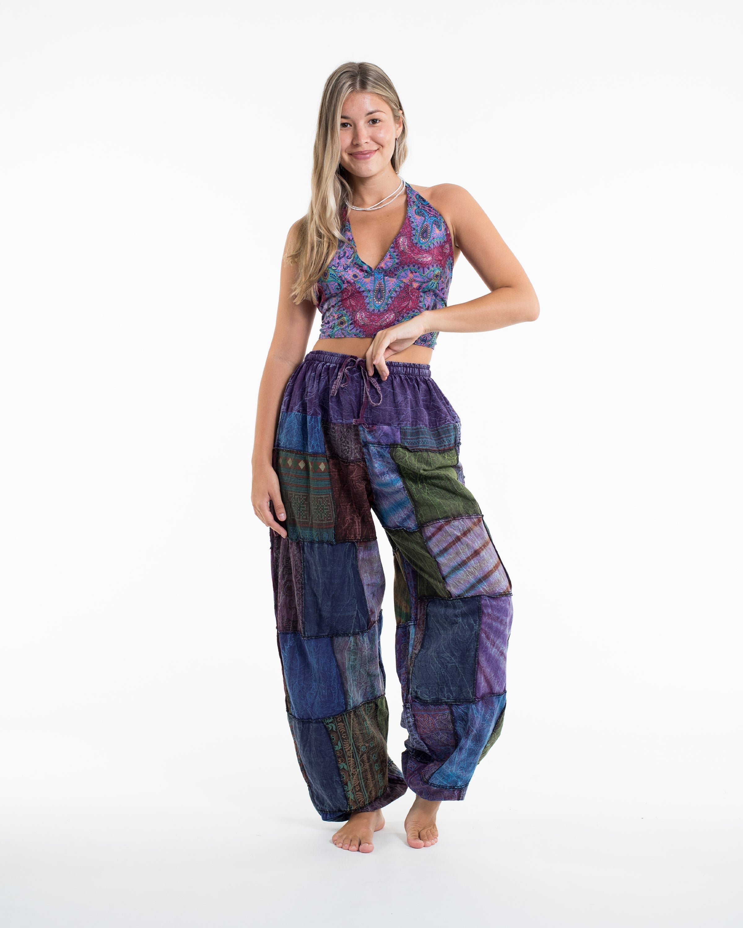 Women's Patchwork Stone Washed Balloon Cotton Pants in Purple