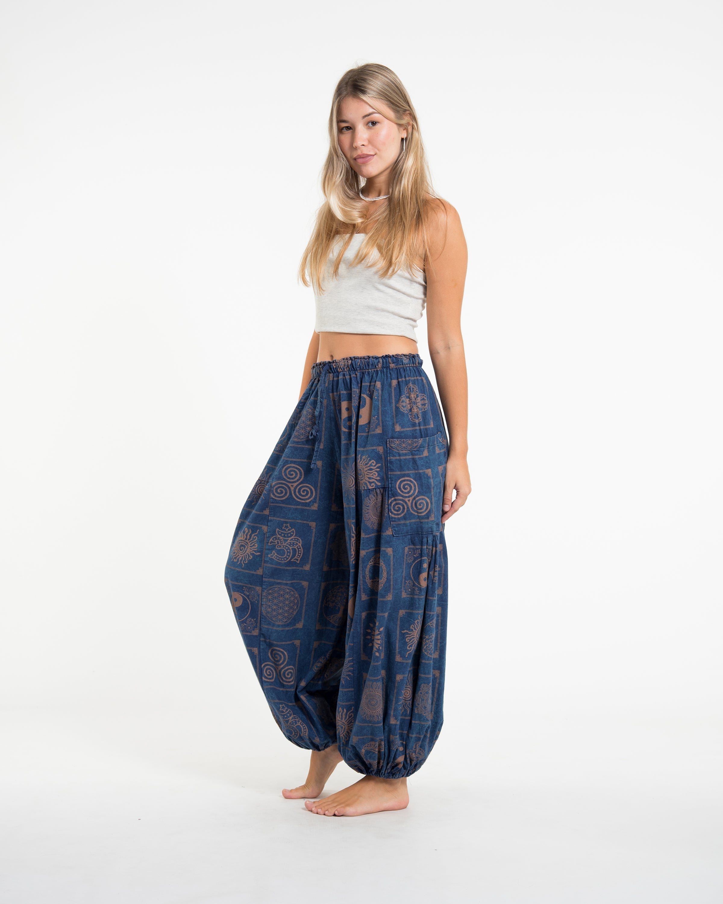 Women's Block Print Stone Washed Balloon Cotton Pants in Blue