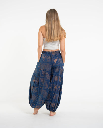 Women's Block Print Stone Washed Balloon Cotton Pants in Blue
