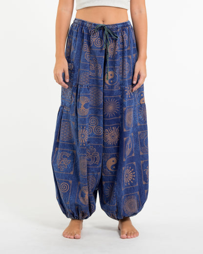 Women's Block Print Stone Washed Balloon Cotton Pants in Navy
