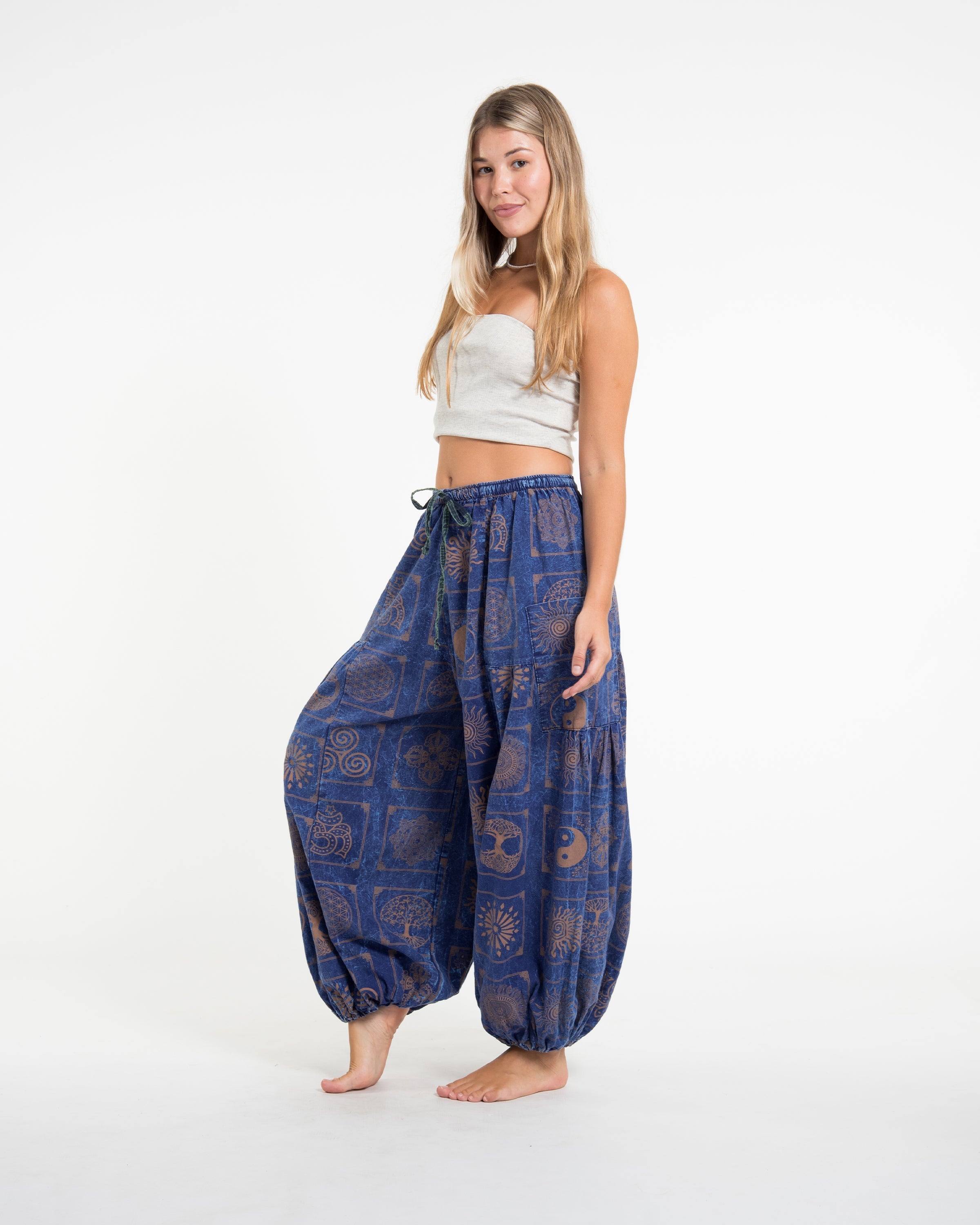 Women's Block Print Stone Washed Balloon Cotton Pants in Navy