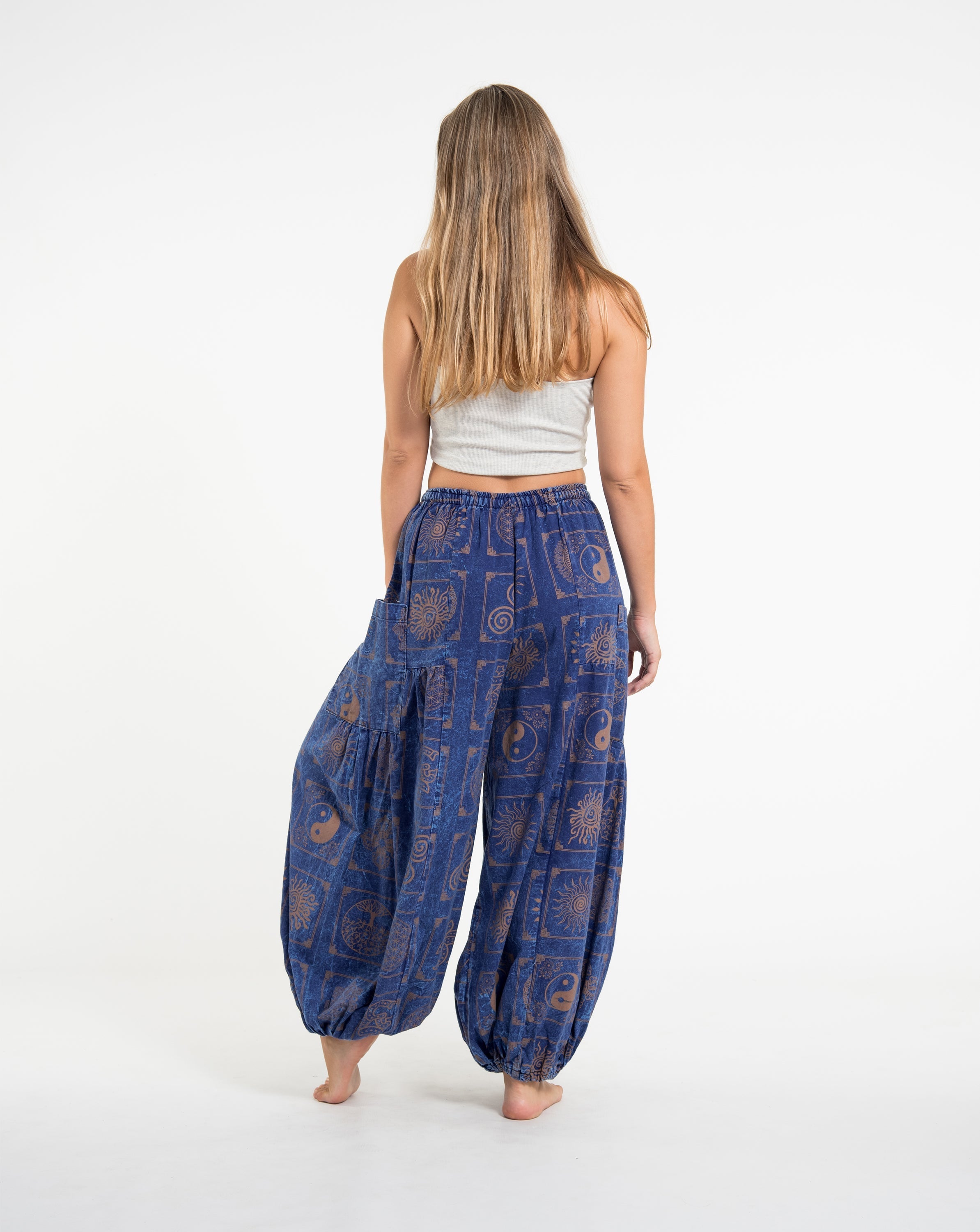 Women's Block Print Stone Washed Balloon Cotton Pants in Navy