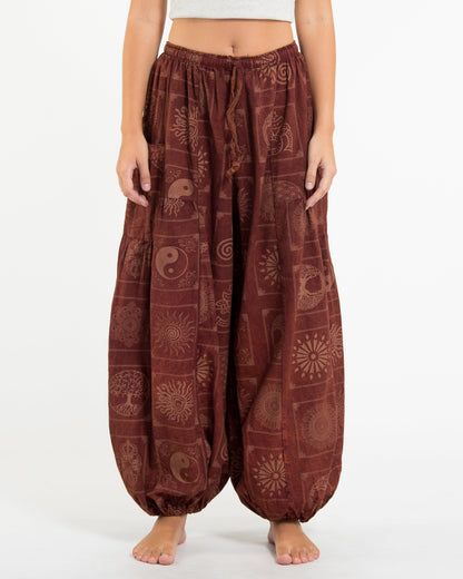 Women's Block Print Stone Washed Balloon Cotton Pants in Rust