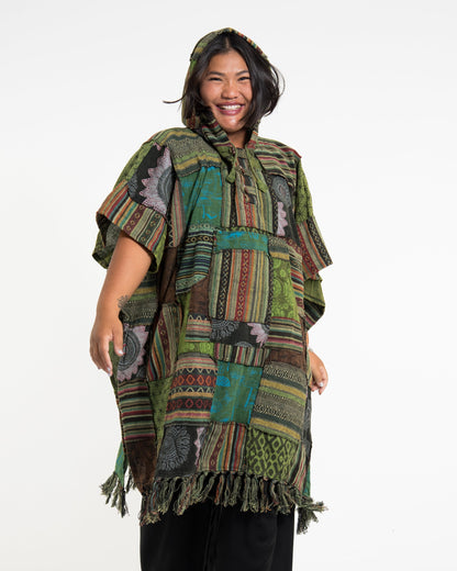 Unisex Patchwork Stonewash Hooded Poncho in Green