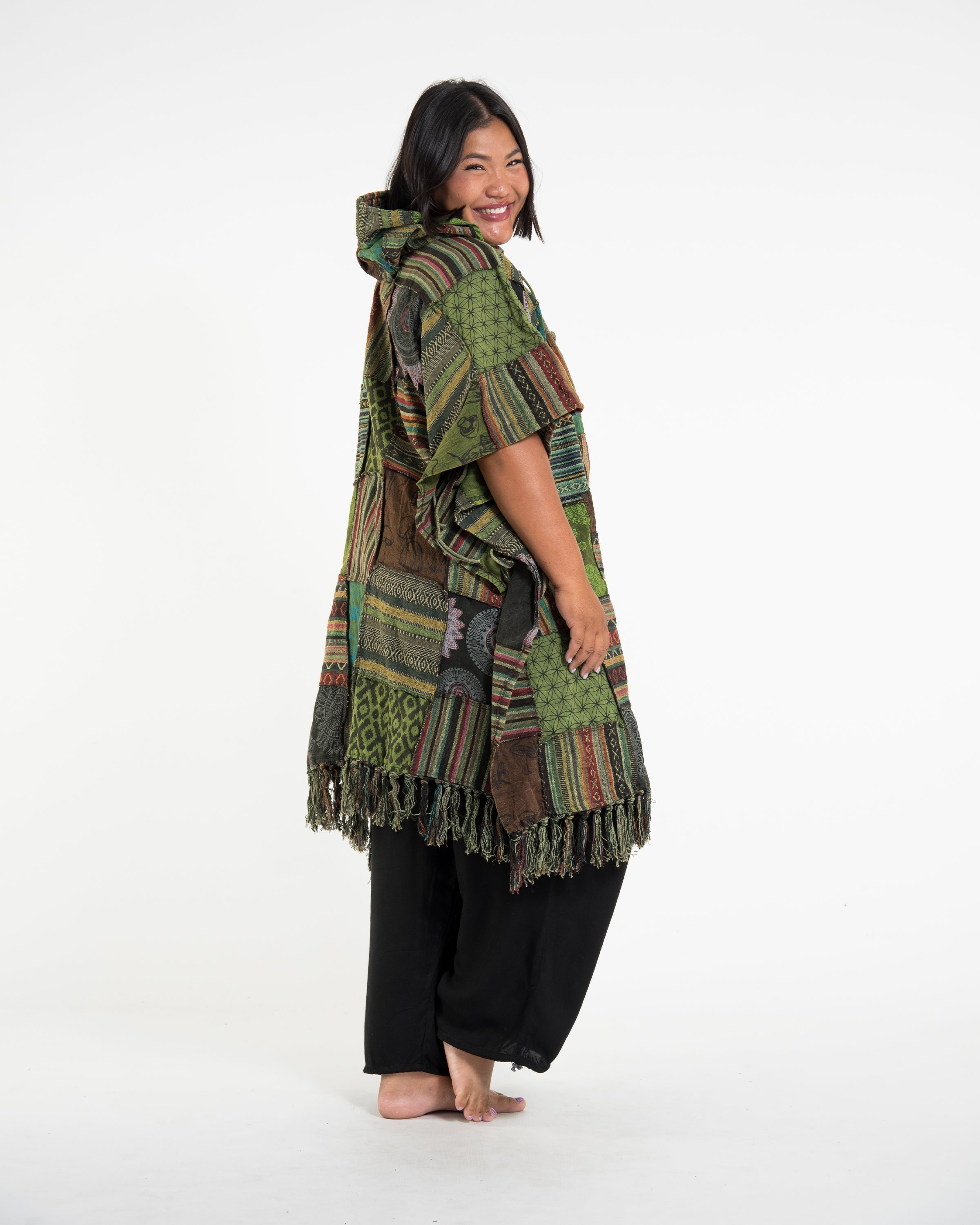 Unisex Patchwork Stonewash Hooded Poncho in Green