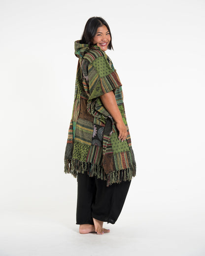 Unisex Patchwork Stonewash Hooded Poncho in Green