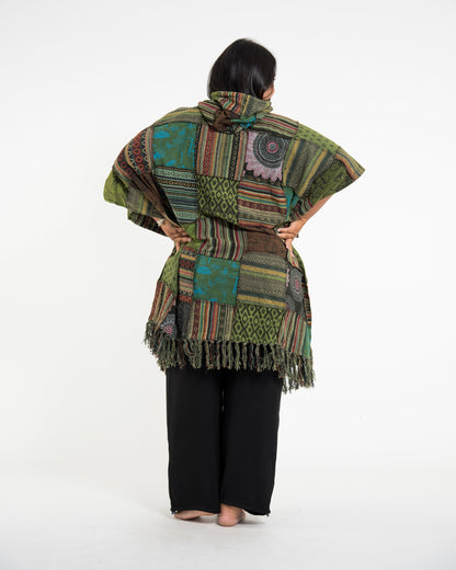 Unisex Patchwork Stonewash Hooded Poncho in Green