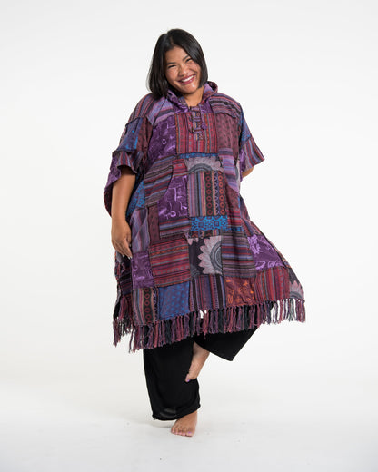 Unisex Patchwork Stonewash Hooded Poncho in Purple