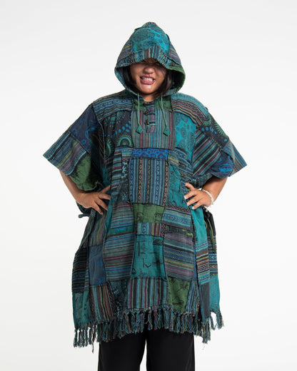 Unisex Patchwork Stonewash Hooded Poncho in Turquoise