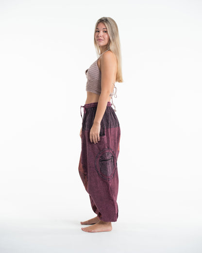 Mens Patchwork Stone Washed Low Cut Cotton Pants in Maroon 03