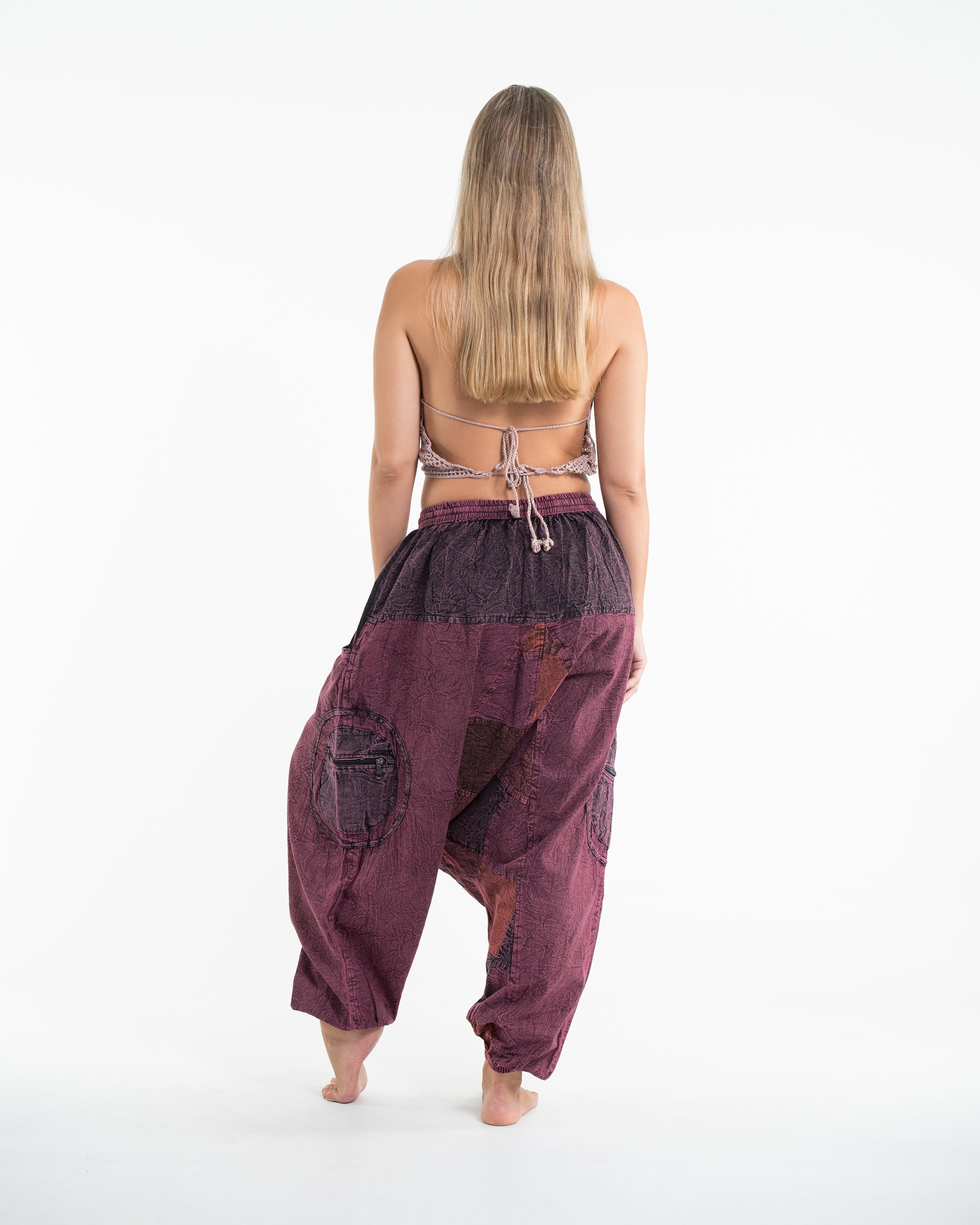 Womens Patchwork Stone Washed Low Cut Cotton Pants in Maroon 03
