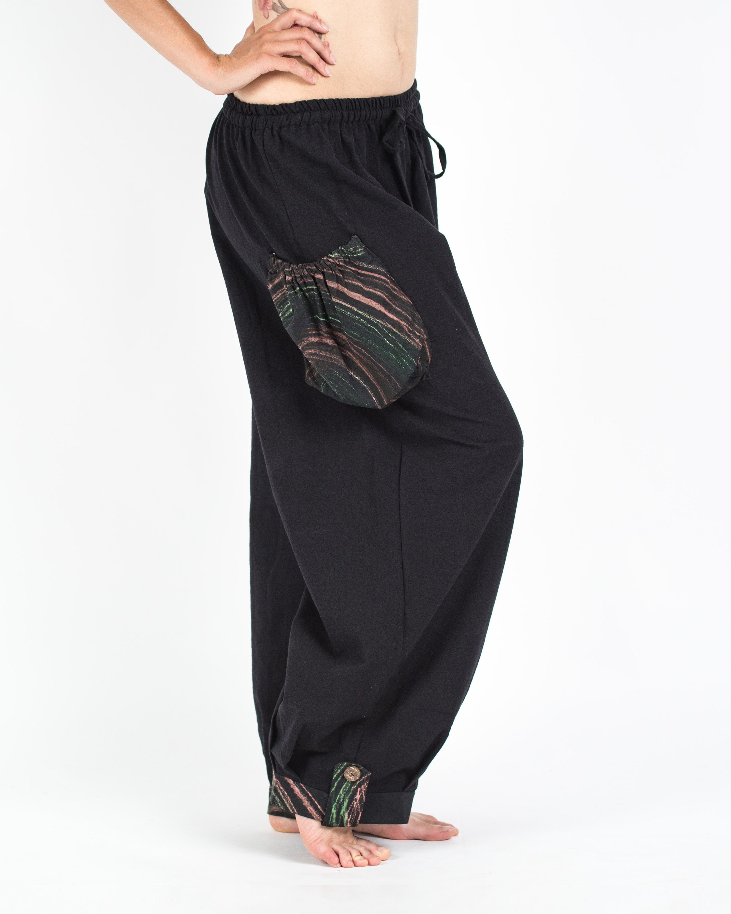 Thai Cotton Women Drawstring Pants With Hill Tribe Trim Black