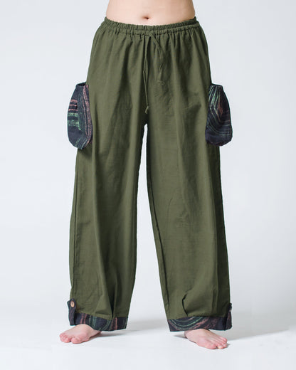 Thai Cotton Women Drawstring Pants With Hill Tribe Trim Olive