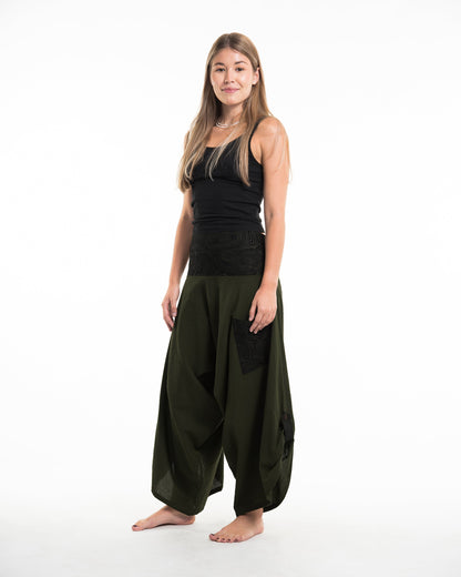 Women's Thai Button Up Cotton Pants with Hill Tribe Trim Dark Green