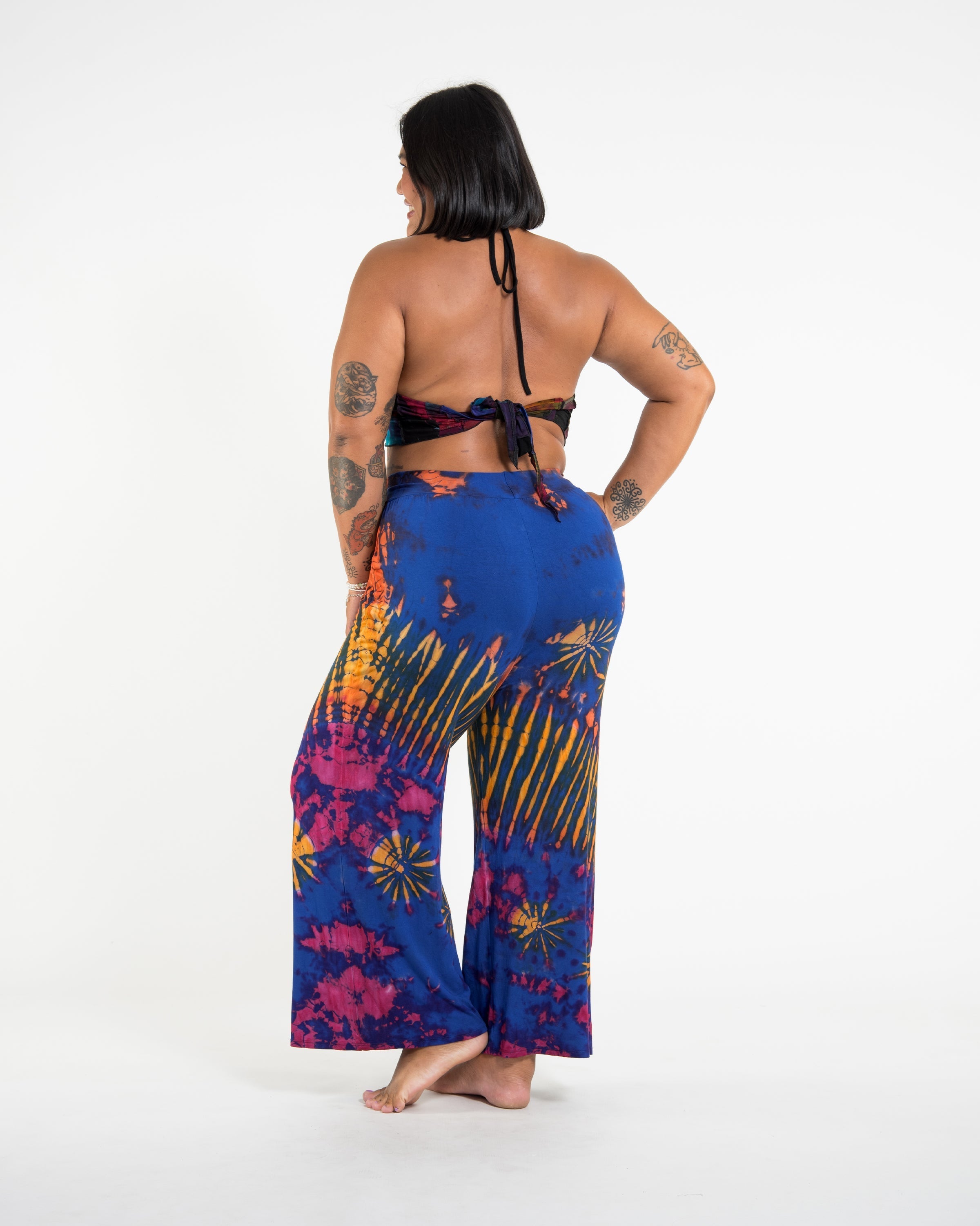 Plus Size Tie Dye Wide Leg Palazzo Harem Pants Cotton in Blue