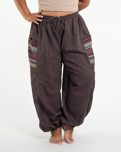Plus Size Women's Drawstring Pinstripes Cotton Pants with Aztec Pocket in Brown