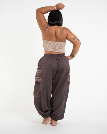 Plus Size Women's Drawstring Pinstripes Cotton Pants with Aztec Pocket in Brown