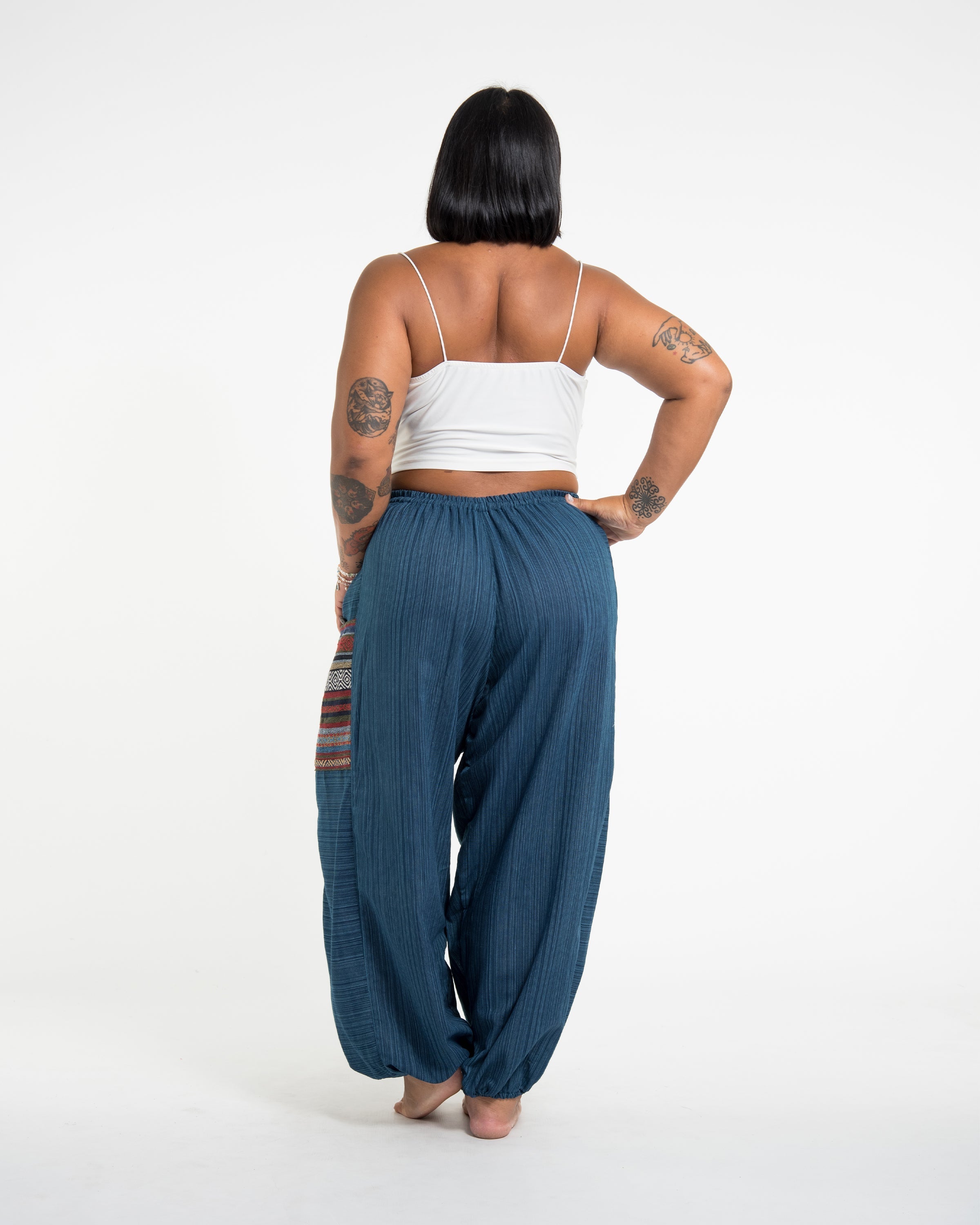 Plus Size Women's Drawstring Pinstripes Cotton Pants with Aztec Pocket in Turquoise