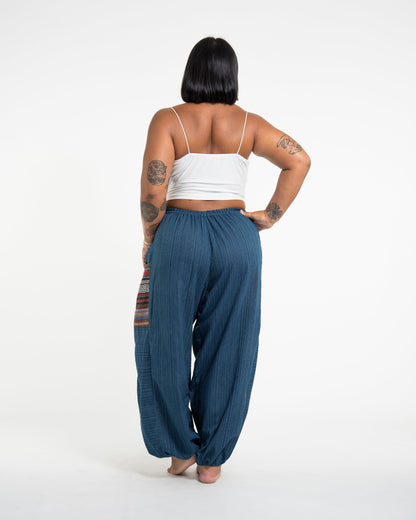 Plus Size Women's Drawstring Pinstripes Cotton Pants with Aztec Pocket in Turquoise